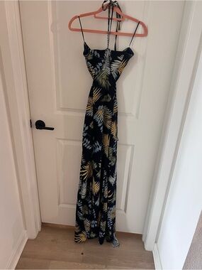 Hot Miami Styles Navy Tropical Leaf Maxi Dress with Yellow & Light Blue Accents